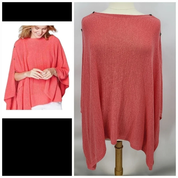 J JILL Women's Salmon Orange Two Way Poncho Button Detail Cotton Blend One Size - Picture 1 of 9